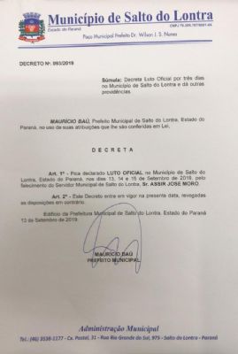 Prefeito Maurcio Ba decreta luto oficial de trs dias no Municpio